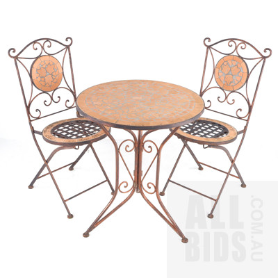 Vintage Folding Patio Table with Mosaic Inlay and Matching Two Chairs