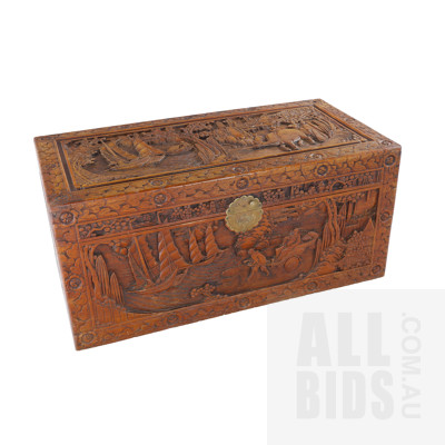 Chinese Profusely Carved Camphorwood Chest with Brass Fixtures