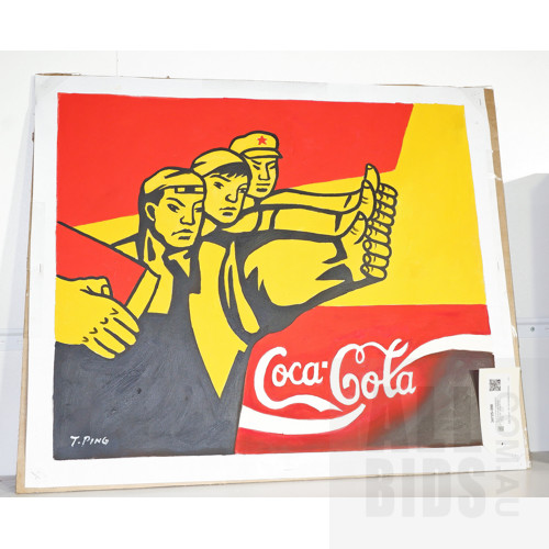 Chinese Oil on Canvas Coco-Cola Advertising, Signed Lower Left T. Ping, 61.5 by 51cm