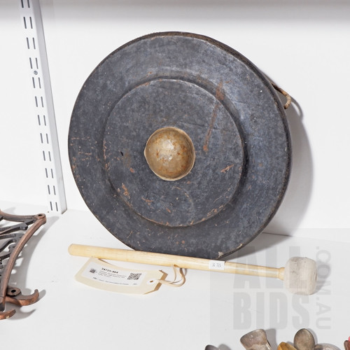 Antique Javanese Gong from Gamelan, with Hammer, Diameter 33.5cm