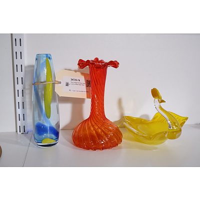 Two Vintage Art Glass Vases and a Yellow Swan Bowl