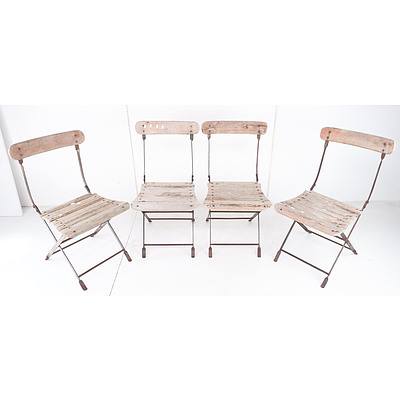 Set of Four Vintage Folding Metal Framed Timber Slatted Chairs