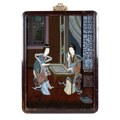 Framed 20th Century Chinese School Oil Painitng on Glass of a Mahjong Game