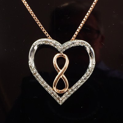 10ct Rose Gold Box Chain with an Infinity Pendant in White and Rose Gold with 38 Single Cut Diamonds