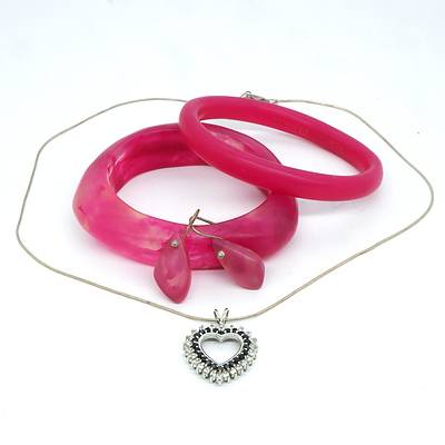 Silver and CZ Necklace, Resin Bangles with Matching Earrings