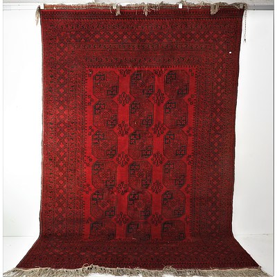 Classic Persian Tukoman Madder Red Hand Knotted Wool Carpet with Elephants Gul Design