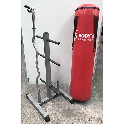 Body First Boxing Bag and Body Solid Weight Rack With Curl Barbell
