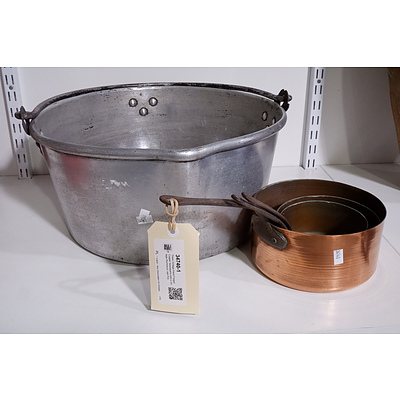 Three Vintage Hand Forged Copper Saucepans and a Vintage Aluminium Jam Pot