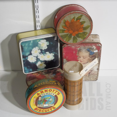 Five Vintage Biscuit Tins including Arnotts & Willow and an Aladdin Thermos