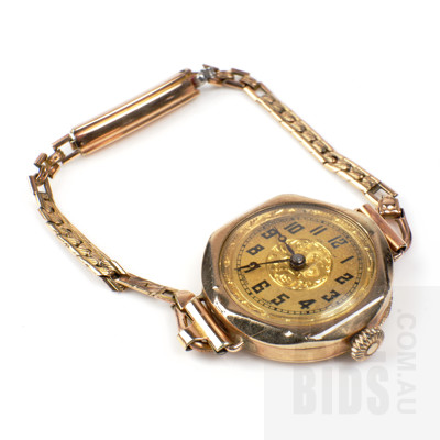 Antique 9ct Rose Gold Watch with Engraved Face and a Rolled Gold Band