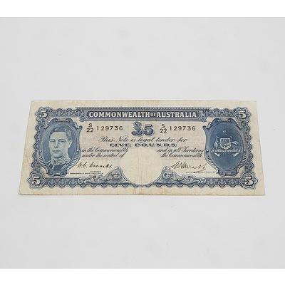 £5 1949 Coombs Watt Australian Five Pound Banknote R47 S22129736