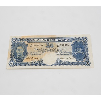 £5 1952 Coombs Wilson Australian Five Pound Banknote R48 S46390986