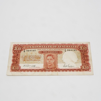 £10 1943 Armitage McFarlane Australian Ten Pound Banknote R59 V9384185