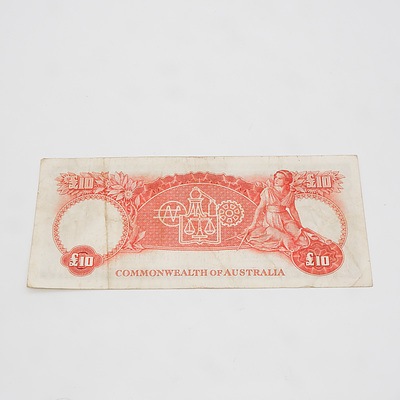 £10 1960 Coombs Wilson Australian Ten Pound Banknote R63 WA47925074
