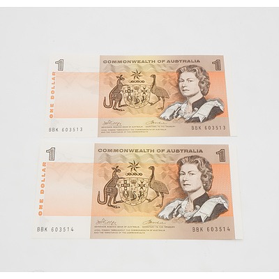 2 X Consecutive $1 1972 Phillips Wheeler Australian One Dollar Banknotes