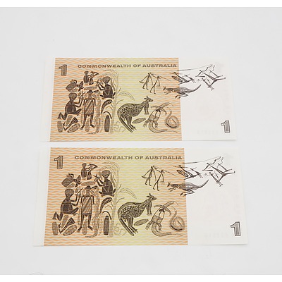 2 X Consecutive $1 1972 Phillips Wheeler Australian One Dollar Banknotes