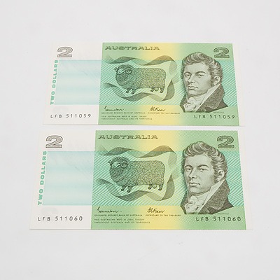 2 X Consecutive $2 1985 Johnston Fraser Australian Two Dollar Banknotes