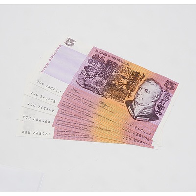 5 X Consecutive $5 1990 Fraser Higgins Australian Five Dollar Banknotes
