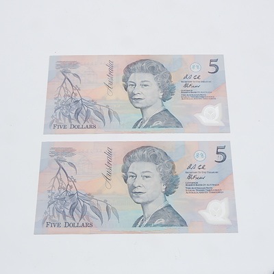 2 X Consecutive $5 1992 Fraser Evans Australian Five Dollar Banknotes