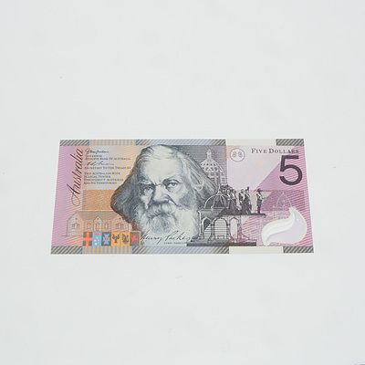 $5 2001 MacFarlane Evans Australian Five Dollar Polymer Banknote R219 GA01397084