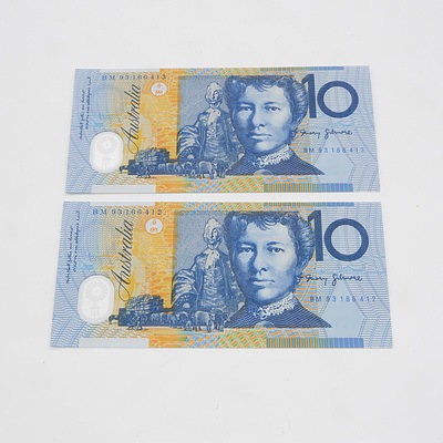 2 X Consecutive $10 1993 Fraser Evans Australian Ten Dollar Banknotes