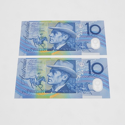 2 X Consecutive $10 1993 Fraser Evans Australian Ten Dollar Banknotes