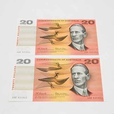 2 X Consecutive $20 1966 Coombs Wilson Two Consecutive Australian Twenty Dollar Banknotes