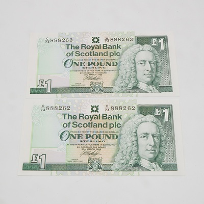 2 X Consecutive £1 Scotland One Pound Banknotes C74888262 and C74888263