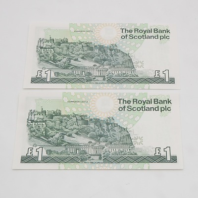 2 X Consecutive £1 Scotland One Pound Banknotes C74888262 and C74888263