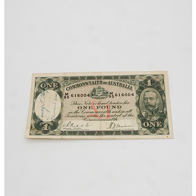 £1 1933 Riddle Sheehan Australian One Pound Banknote R28 M95616004