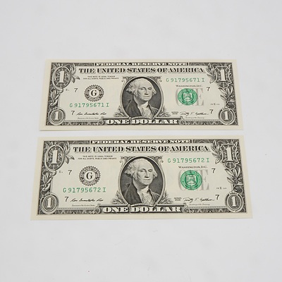 2 X Consecutive $1 USA One Dollar Banknotes C91795671I and C91795672I