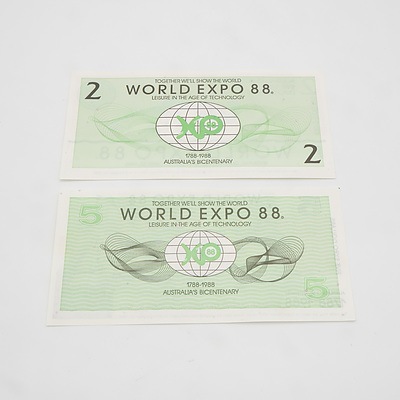 $2 and $5 1988 Brisbane World Expo Two Dollar and Five Dollar Notes 01884713 and 50445083