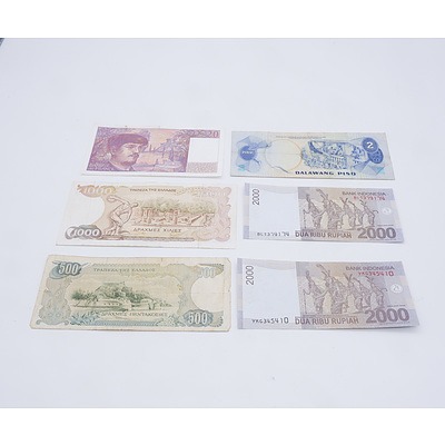 6 X World Banknotes 2 X Indonesia 2000 Rupiah 1 X Greece 500 Drachma