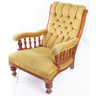 Vintage Timber Framed Armchair with Green Upholstery