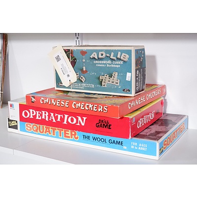 Four Vintage Board games including operation, Squatter 1961, Ad-Lib 1972 and Chinese Checkers