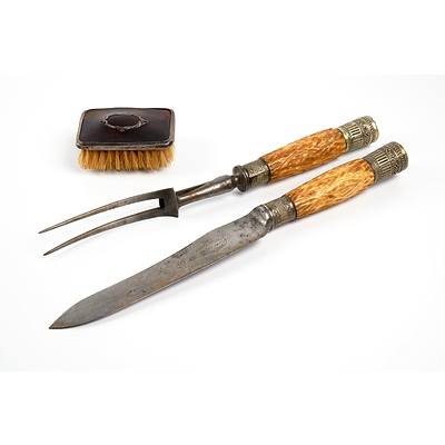 Antique Hallmarked Birmingham Silver and Tortoiseshell Brush and a Superior Cutlery Sheffield Carving Set with Faux Bone Handles