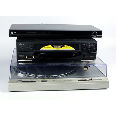 Vintage Technics SL-B303 Turntable, LG DVD/VCD/CD Player and Philips VCR Recorder