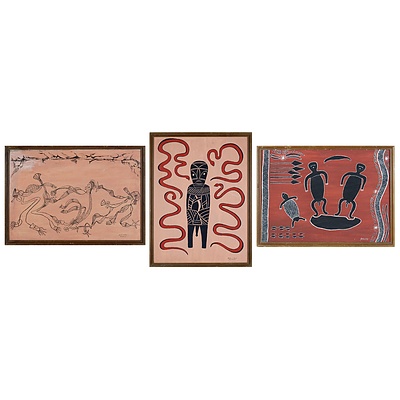 Nellie Evelyn Hay, Three Paintings in Aboriginal Style, Oil on Board (3)