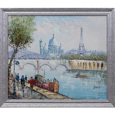 Burney, Parisian River Scene, Oil on Board