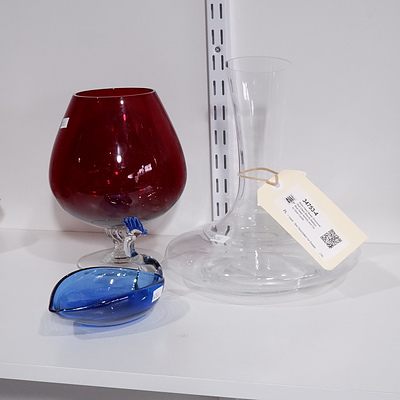 Retro Hand Blown Oversized Red Glass Brandy Balloon, Blue Swan Ashtray and Clear Glass Carafe