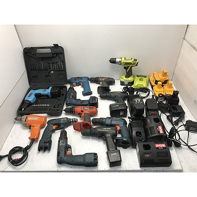 Large Lot Of Ryobi and Black &Decker Drills And Accessories