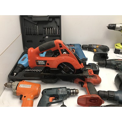 Large Lot Of Ryobi and Black &Decker Drills And Accessories