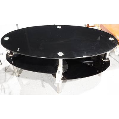 Contemporary Chrome And Black Glass Oval TV Stand