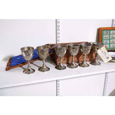 Set of Six Silverplate Goblets and a Wicker Bottle Basket