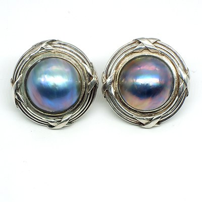 Sterling Silver and Dyed Mabe Pearl Earrings with Posts and Clips