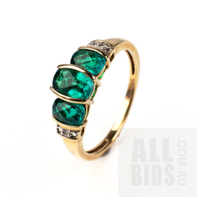 9ct Yellow Gold Created Emerald Rings with Two Single Cut Diamonds, 1.8g