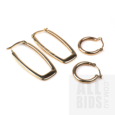 Two Pairs of 9ct Yellow Gold Hoop Earrings, 2.2g