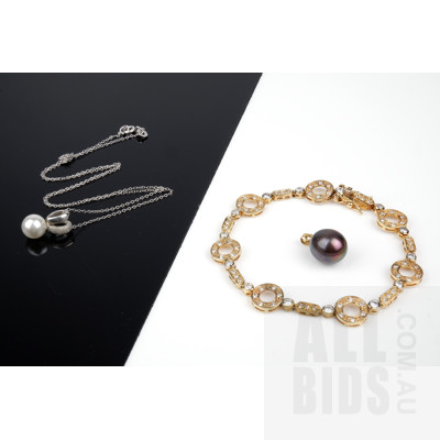 Freshwater Pearl Pendant and Another Silver Pendant with Faux Pearl and a Silver Gold Plated Bracelet with CZ