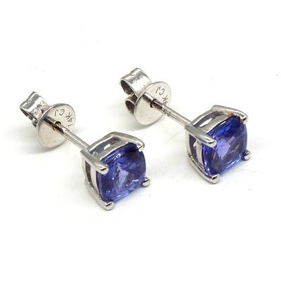 14ct White Gold Stud Earrings with Cushion Shaped Tanzanite, 1.20g