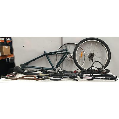 Large Lot Of Assorted Bike Parts, Including Rims, Frame And Seats